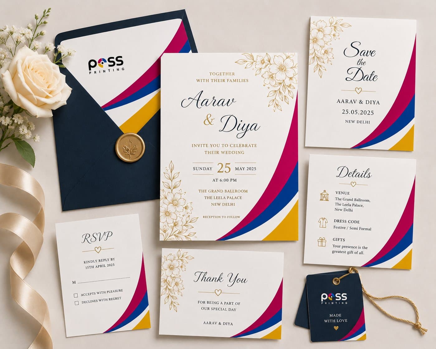 A collection of custom PESS wedding invitations